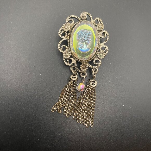 Iridescent Glass Cameo Brooch Intaglio Tassel Dangle Silver Tone Filigree AB Pin - Picture 13 of 13